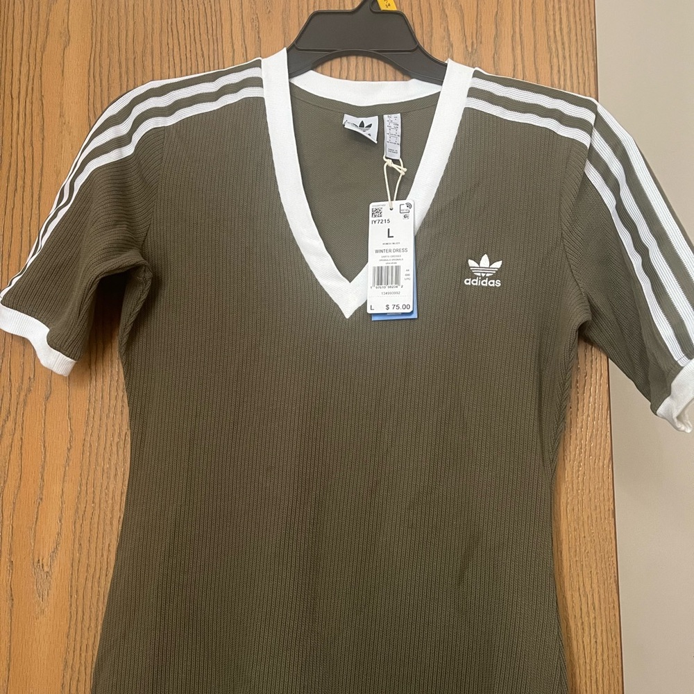 Adidas Olive V-Neck Tee Dress with White Accents